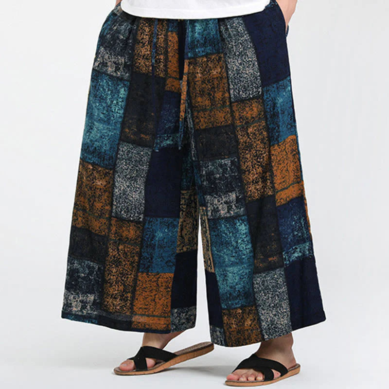Buddha Stones Summer Patchwork Design 7-8 Length Men's Wide Leg Pants With Pockets