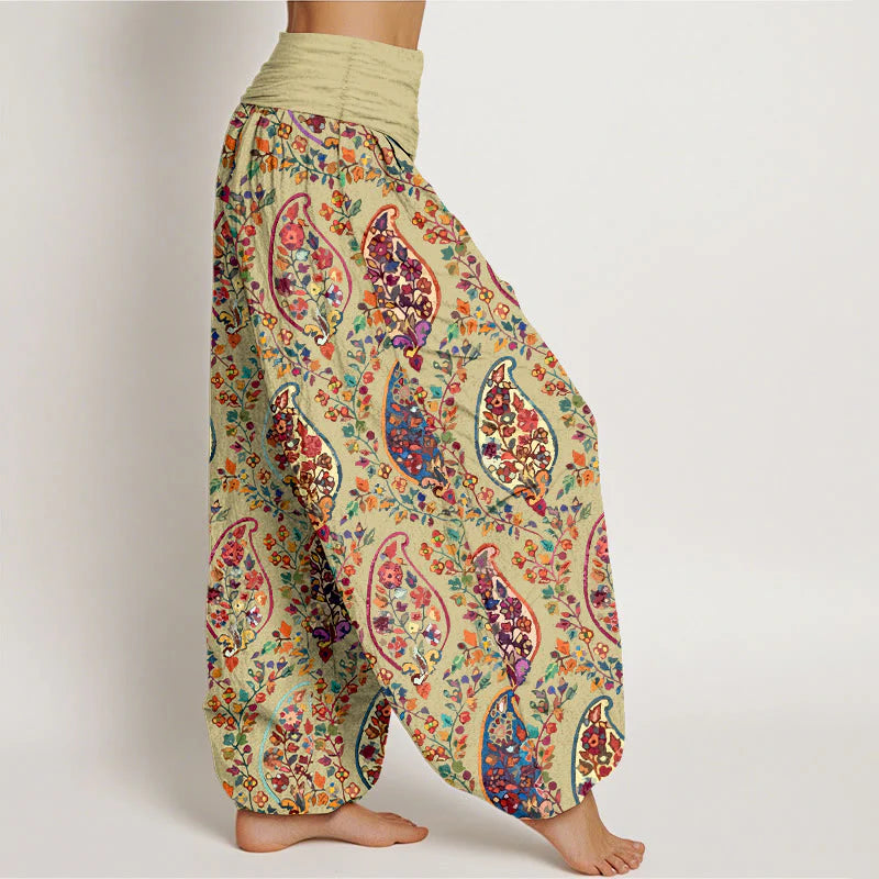 Buddha Stones Cotton Brightly Colored Retro Flowers Leaves Pattern Women's Elastic Waist Harem Pants