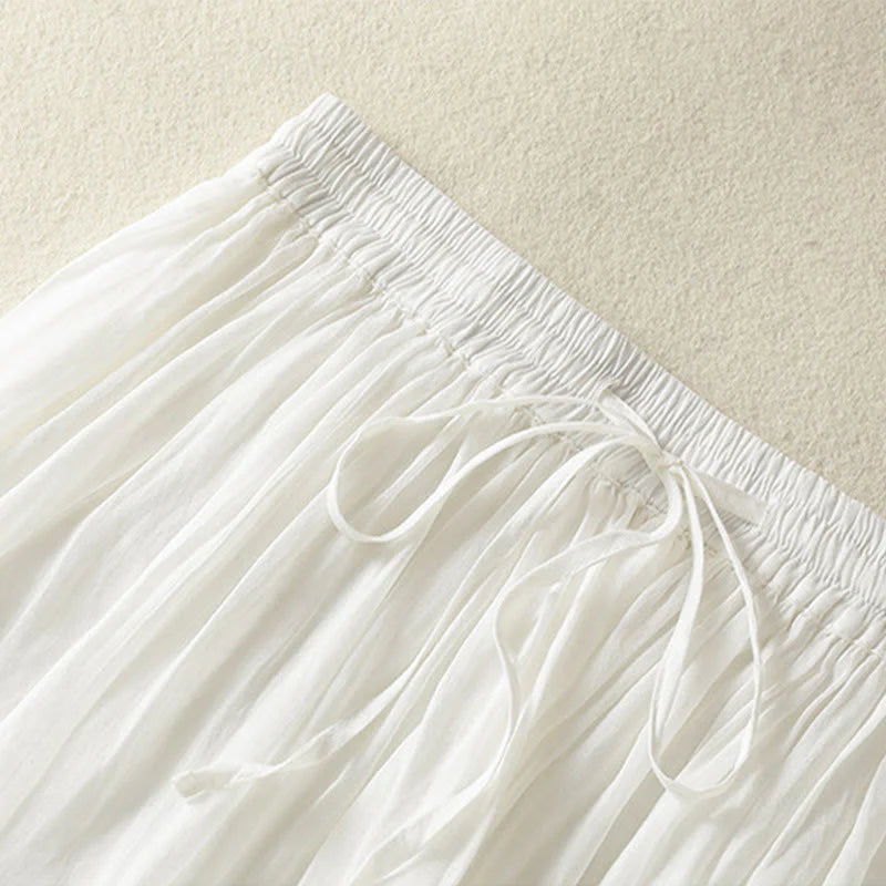 Buddha Stones Summer Plain Drawstring Lace Patchwork Design Women's Cotton Linen 7-8 Length Skirt