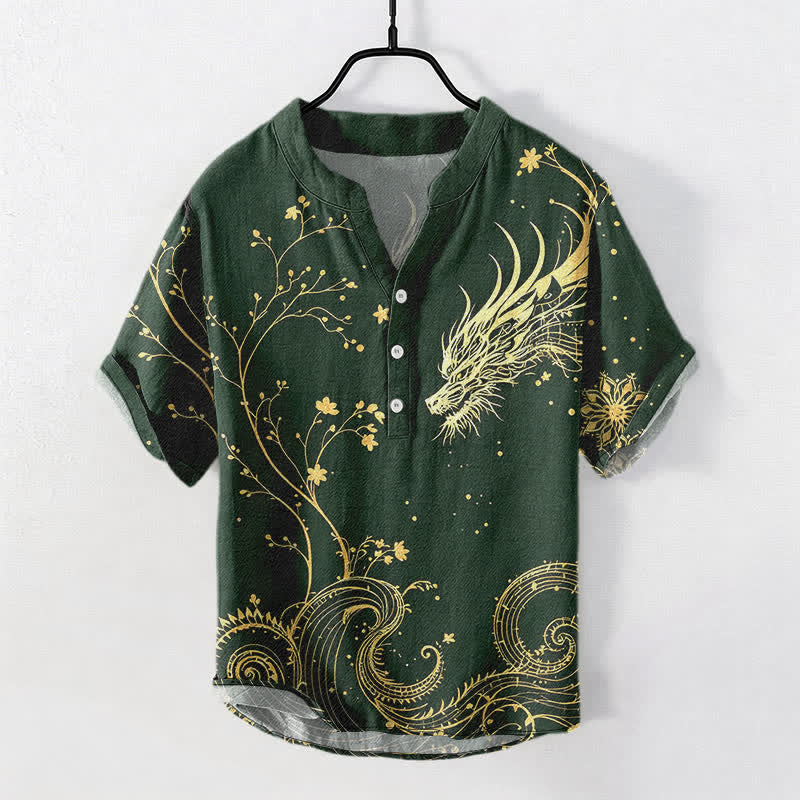 Buddha Stones Cotton Wave Dragon Flower Pattern Men's Short Sleeve Half Button Shirt