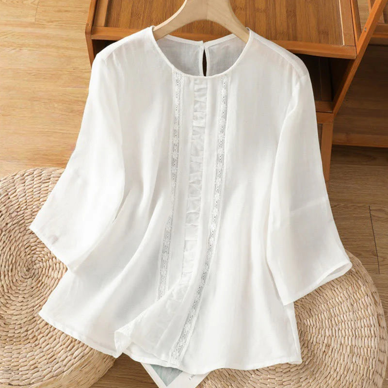 Buddha Stones Casual Pure Color Crew Neck Women's Cotton Linen Three Quarter Sleeve Shirt