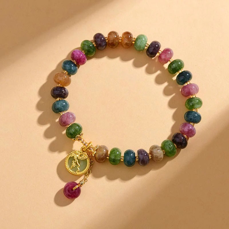 Buddha Stones Colorful Tourmaline Cute Flower Rabbit Charm Love Bracelet