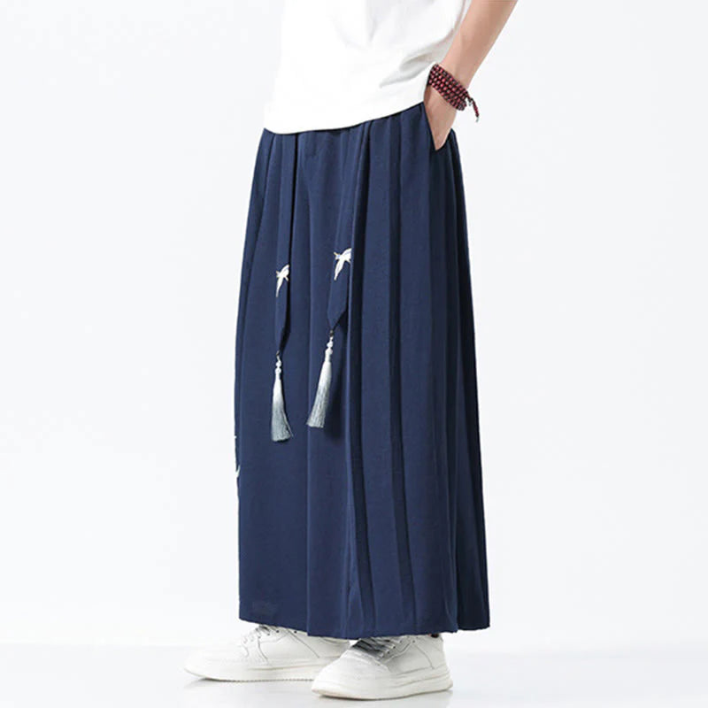 Buddha Stones Summer Dragon Drawstring Design Cotton Ankle-Length Men's Wide Leg Pants With Pockets