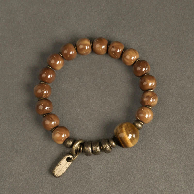 Buddha Stones Kuka Seed Tiger Eye Gold Sheen Obsidian Brass Copper Wealth Luck Bracelet