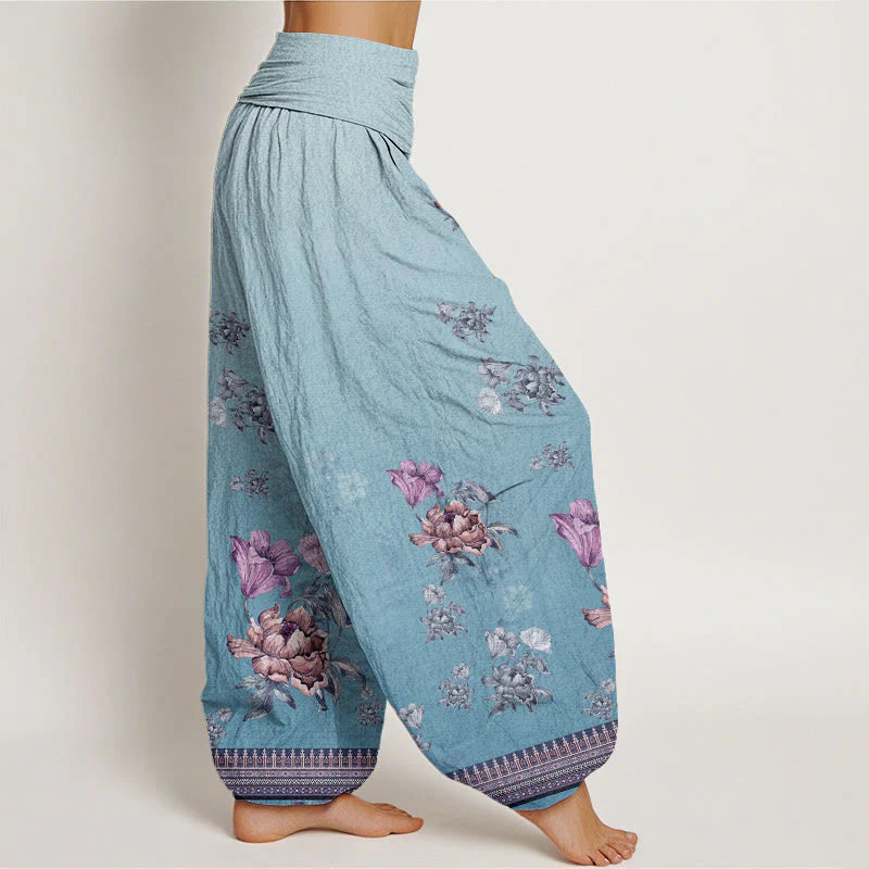 Buddha Stones Cotton Casual Plant Peony Petals Pattern Women's Elastic Waist Harem Pants