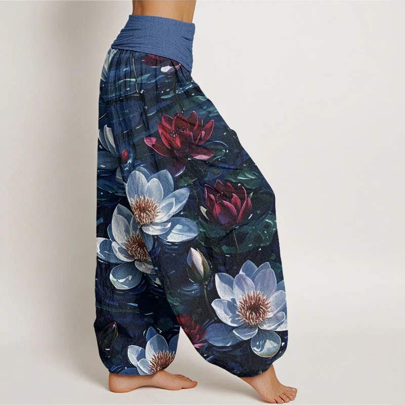 Buddha Stones Cotton Casual Blooming Red Lotus Flower Pattern Women's Elastic Waist Harem Pants