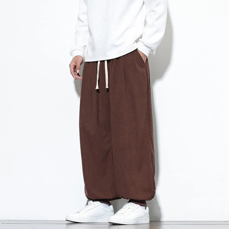 Buddha Stones Fall Plain Drawstring Simple Design Men's Harem Cotton Corduroy Pants With Pockets