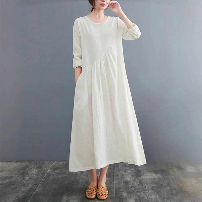 Buddha Stones Smiple Jacquard Pattern Long Sleeve Cotton Linen Women's Midi Dress With Pockets