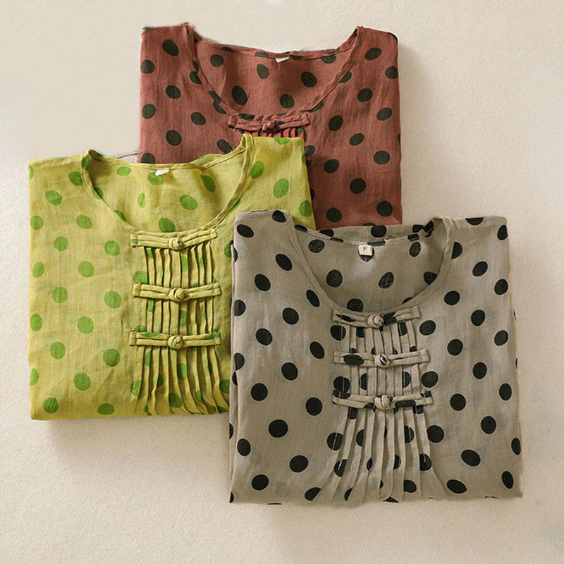 Buddha Stones Fall Round Neck Polka Dots Long Sleeve Women's Polyester Shirt