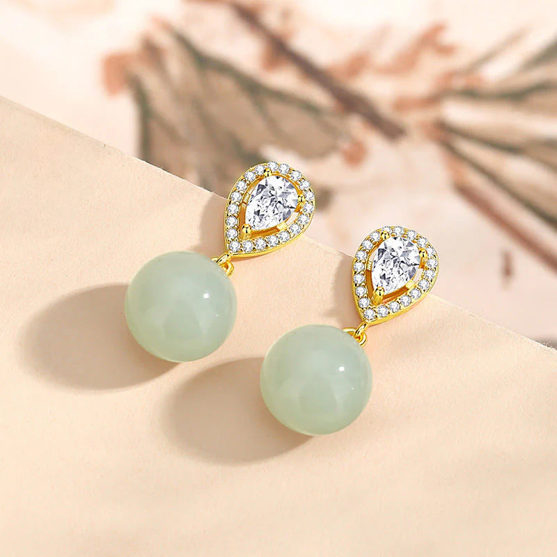 Buddha Stones 925 Sterling Silver Waterdrop Design Hetian Jade Bead Prosperity Earrings