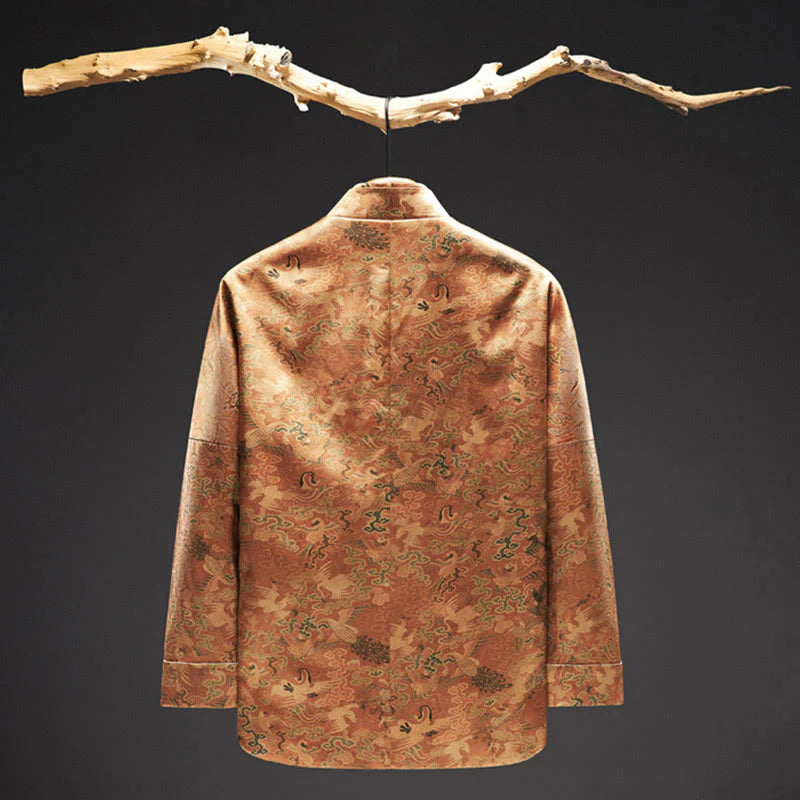 Buddha Stones 100% Mulberry Silk 30 Momme Phoenix Auspicious Clouds Long Sleeve Men's Jacket