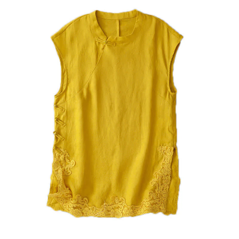 Buddha Stones Chinese Frog-Button Lace Patchwork Design Stand Collar Women's Cotton Sleeveless Vest