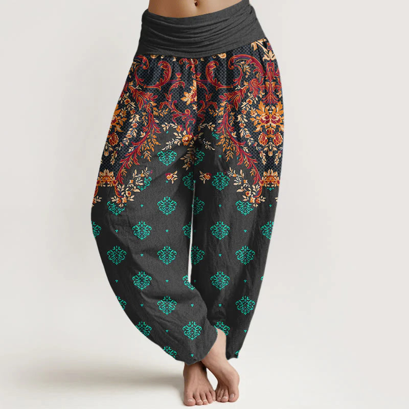 Buddha Stones Cotton Symmetrical Leaf  Scroll Pattern Women's Elastic Waist Harem Pants