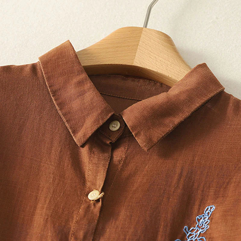 Buddha Stones Spring Embroidered Flower Long Sleeve Women's Buttons Shirt