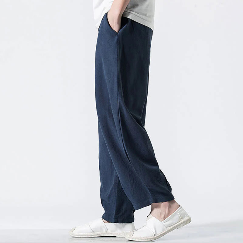 Buddha Stones Drawstring Elastic Waist Ankle-Length Men's Cotton Pants With Pockets