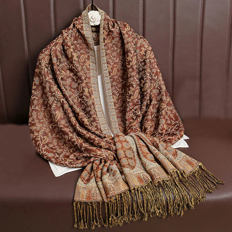Buddha Stones Tibetan Jacquard Paisley Flower Pattern Color Contrast Design Tassel Cozy Scarf Shawl