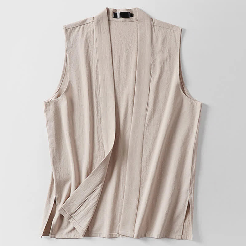 Buddha Stones Spring Pure Color Open Front Design Men's Cotton Linen Sleeveless Kimono