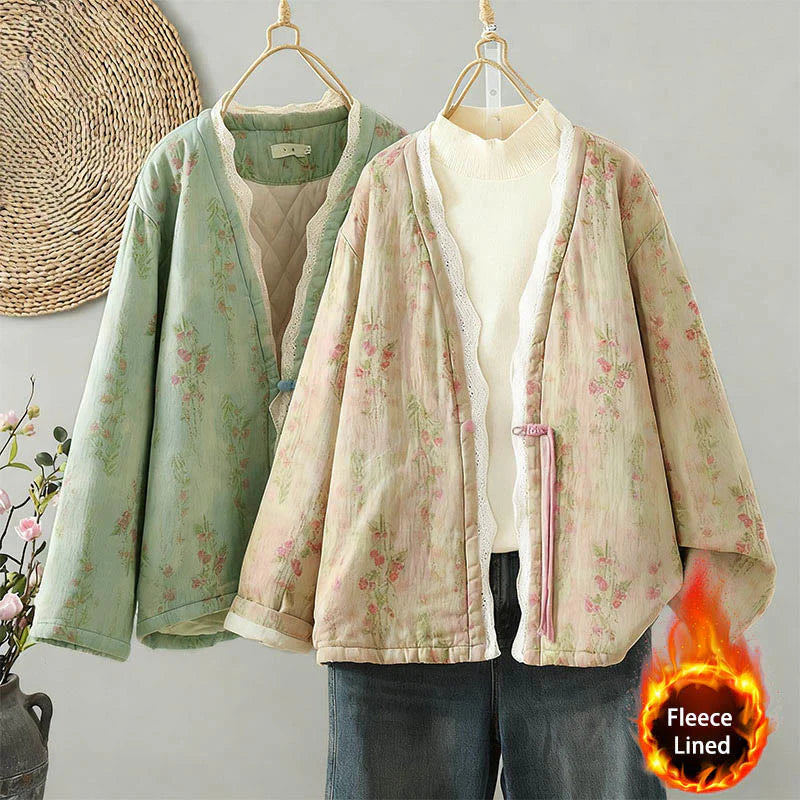 Buddha Stones Winter Lace Patchwork Long Sleeve Cotton Women's Thermal Jacket With Pockets