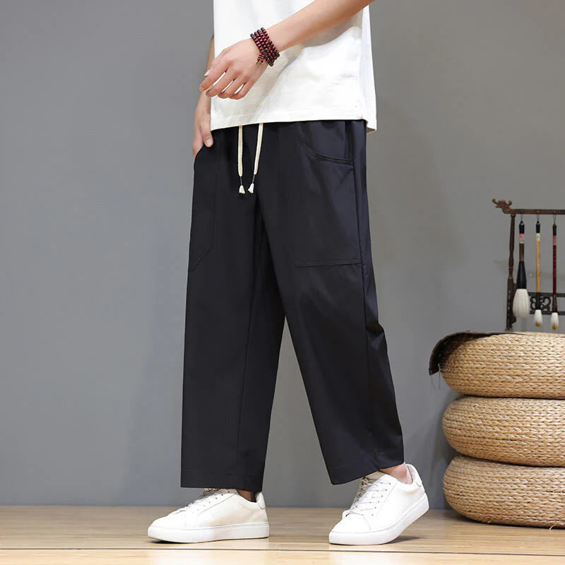Buddha Stones Summer Solid Color Drawstring Straight Leg 7-8 Length Men's Pants With Pockets