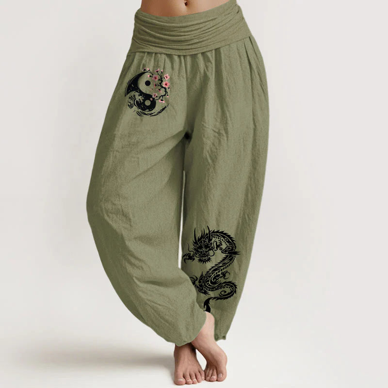 Buddha Stones Dragon Yin Yang Waves Flower Pattern Pure Cotton Women's Elastic Waist Harem Pants