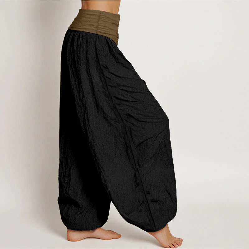 Buddha Stones Cotton Black Green Tan Solid Color Women's Elastic Waist Harem Pants