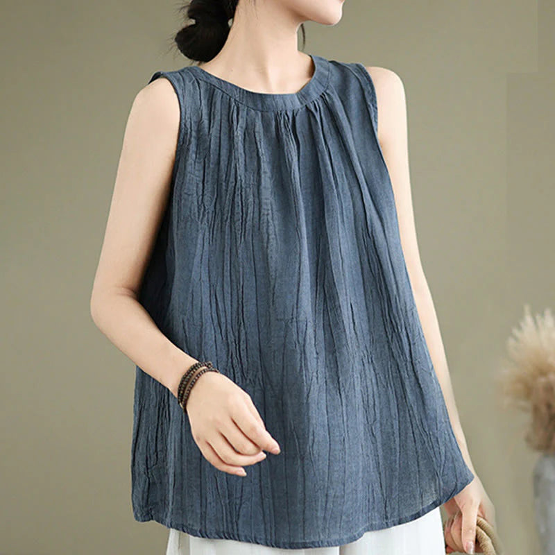 Buddha Stones Summer Wrinkles Simple Design Crew Neck Cotton Linen Women's Sleeveless Vest Waistcoat