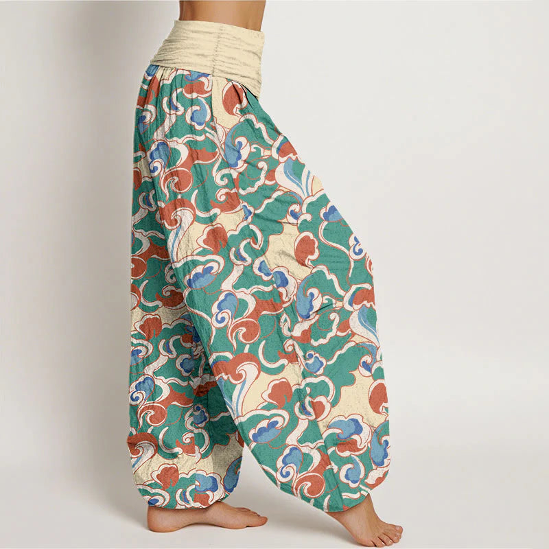 Buddha Stones Pure Cotton Small Clouds Gathered Women's Elastic Waist Harem Pants