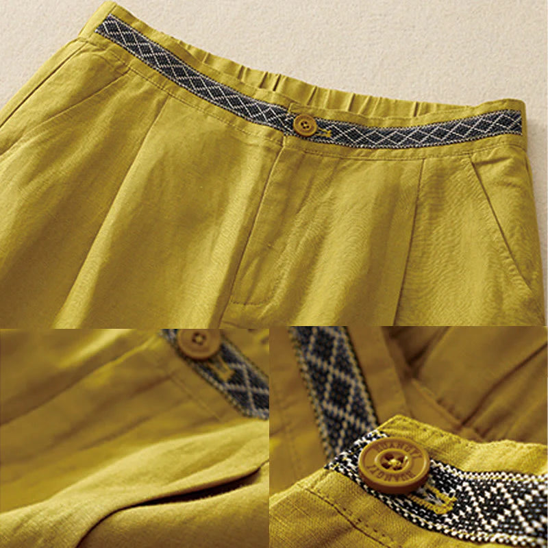 Buddha Stones Summer Plain Color 7-8 Length Cotton Linen Women's Wide Leg Pants With Pockets Zipper