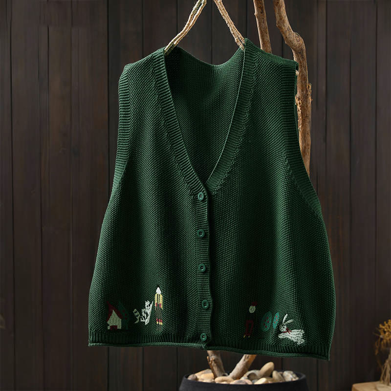 Buddha Stones Figure Rabbit Tree Embroidery Buttons Women's Sleeveless Cotton Knitted Vest Waistcoat