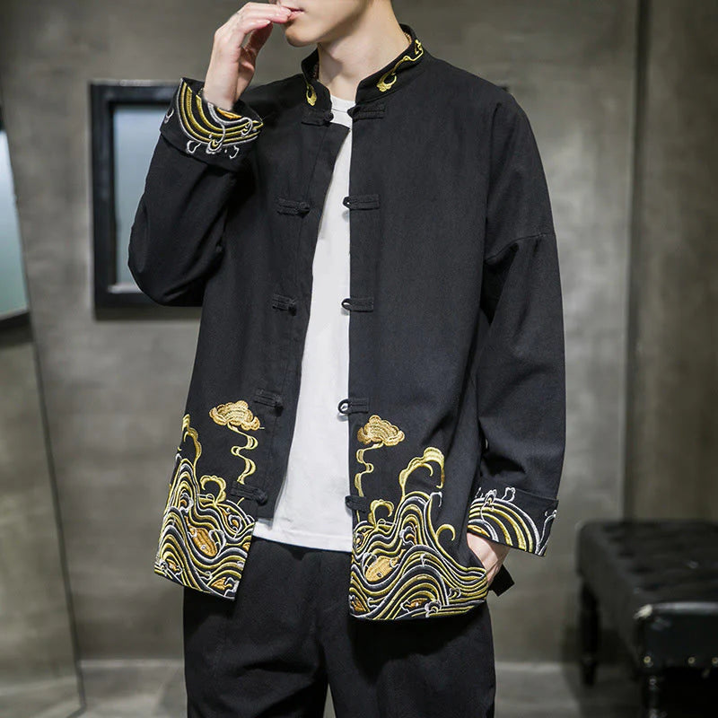 Buddha Stones Embroidered Clouds Frog-Button Long Sleeve Men's Cotton Tang Suit Jacket