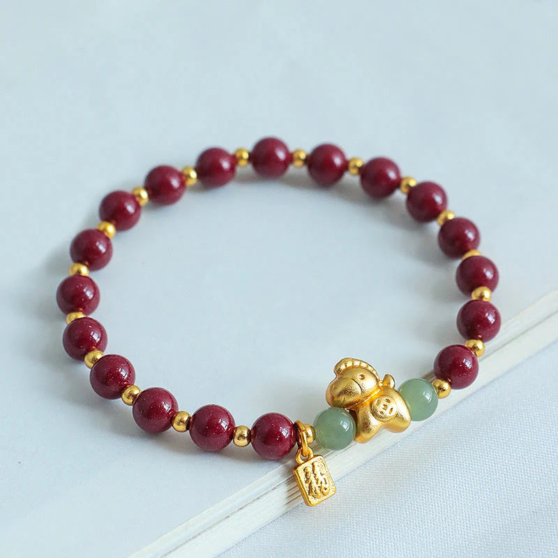 Buddha Stones Chinese Zodiac Year of the Horse Fu Character Cinnabar Hetian Jade Blessing Bracelet