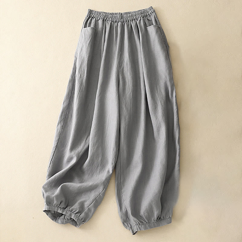 Buddha Stones Summer Commute Pure Color Women's Cotton Ankle-Length Pants With Pockets