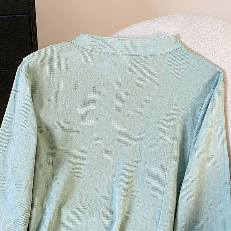 Buddha Stones Commute Jacquard Chinese Frog-Button Mandarin Collar Long Sleeve Women's Cotton Shirt