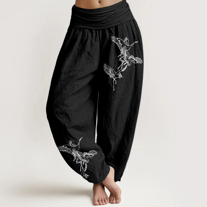 Buddha Stones Flying Crane Pattern Women's Elastic Waist Harem Cotton Pants