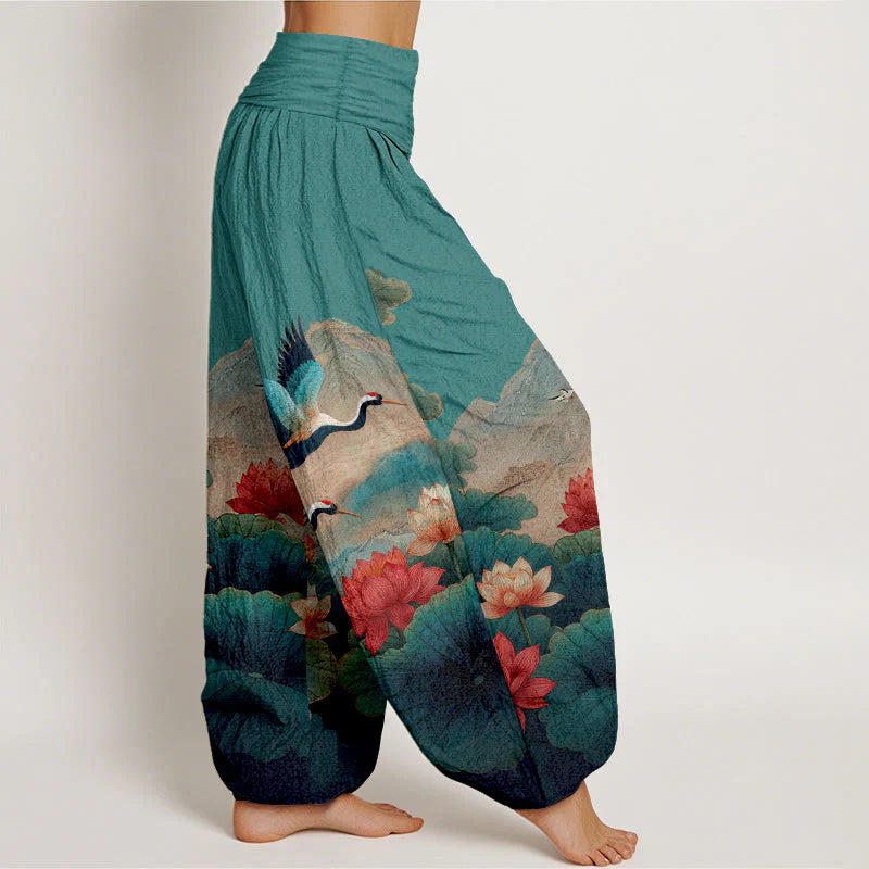 Buddha Stones Cotton Classical Lotus Flower Leaf Crane Mountain Pattern Women's Elastic Waist Harem Pants