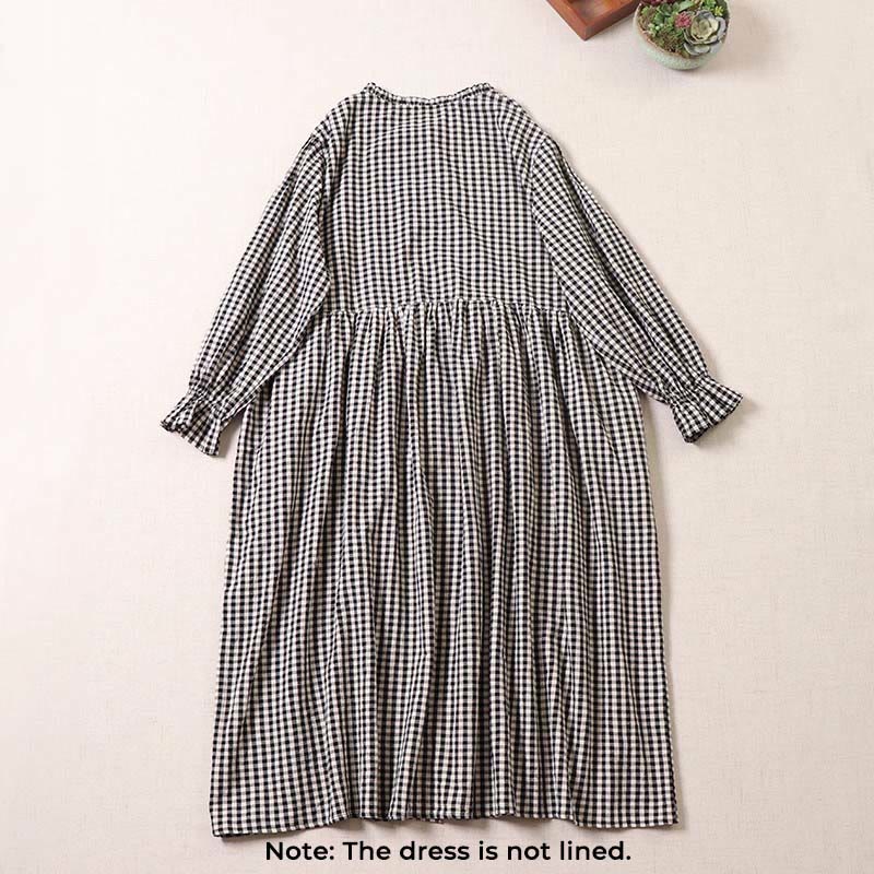 Buddha Stones Long Sleeve Plaid Simple Buttons Ruffled Design Midi Dress With Pockets