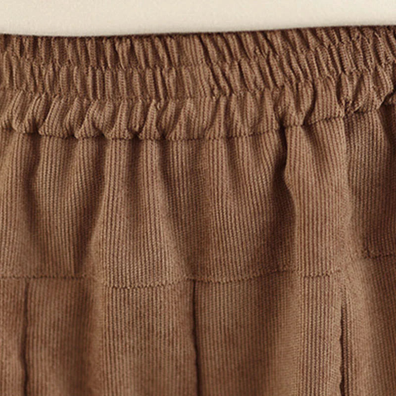 Buddha Stones Spring Plain Brown Corduroy Women's Wide Leg Pants With Pockets