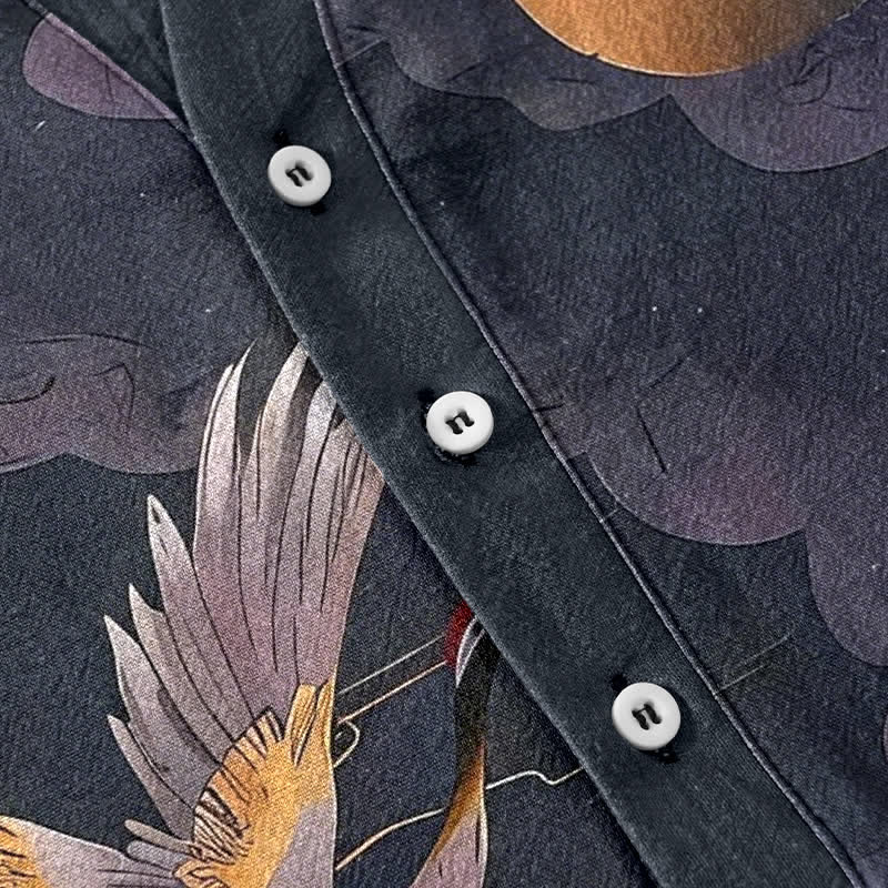 Buddha Stones Cotton Full Moon Crane Pattern Men's Short Sleeve Half Button Shirt