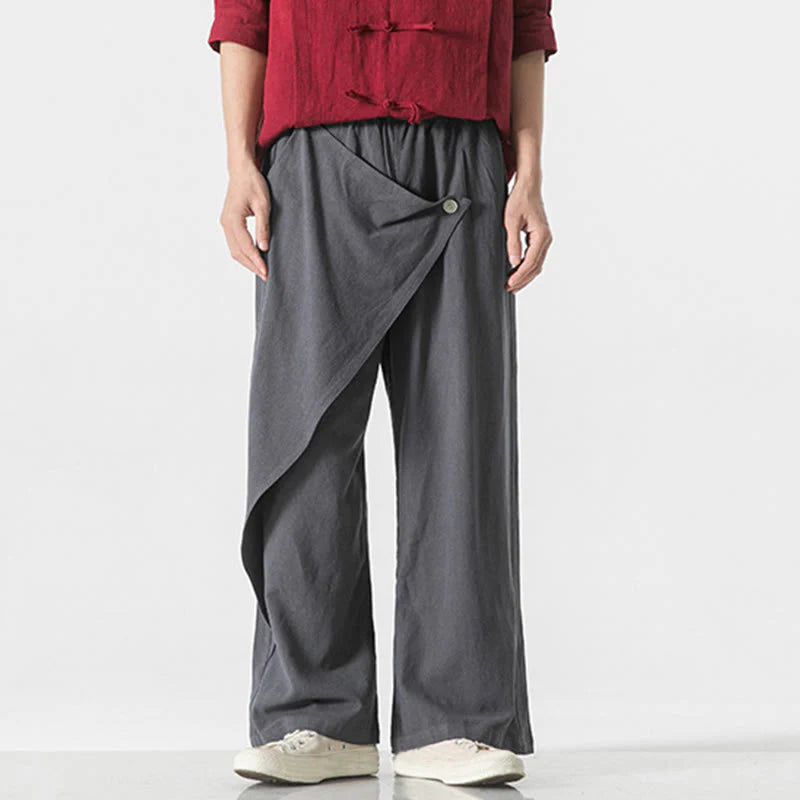 Buddha Stones Asymmetrical Patched Design Plain Men's Cotton Pants With Pockets