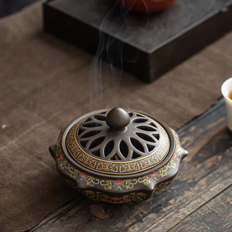 Buddha Stones Tibetan Floral Pattern Ceramic Blessing Incense Burner Decoration (Extra 35% Off | USE CODE: FS35)