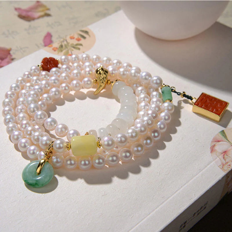 Buddha Stones 925 Sterling Silver Pearl Hetian Jade Red Agate Double Happiness Amber Luck Quadruple Wrap Bracelet (Extra 30% Off | USE CODE: FS30)
