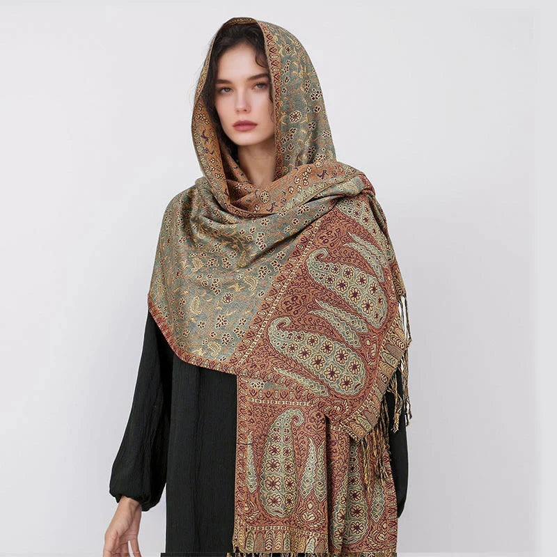 Buddha Stones Tibetan Jacquard Paisley Flower Pattern Color Contrast Design Tassel Cozy Scarf Shawl