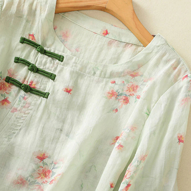 Buddha Stones Plant Printed Crew Neck Frog Button Design Women's Polyester Three Quarter Sleeve Shirt