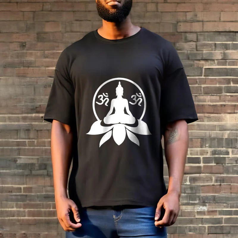 Buddha Stones OM Symbol Sanskrit Mantras Buddha Seated On Lotus Flower Design Tee T-shirt