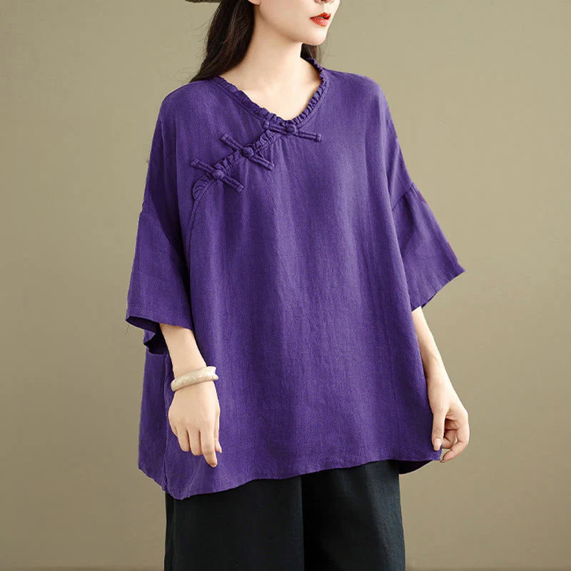 Buddha Stones Spring V-Neck Frog-Button Long Sleeve Plain Women's Cotton Shirt
