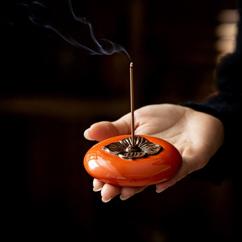 Buddha Stones Persimmon Ceramic Meditation Healing Incense Burner Incense Holders