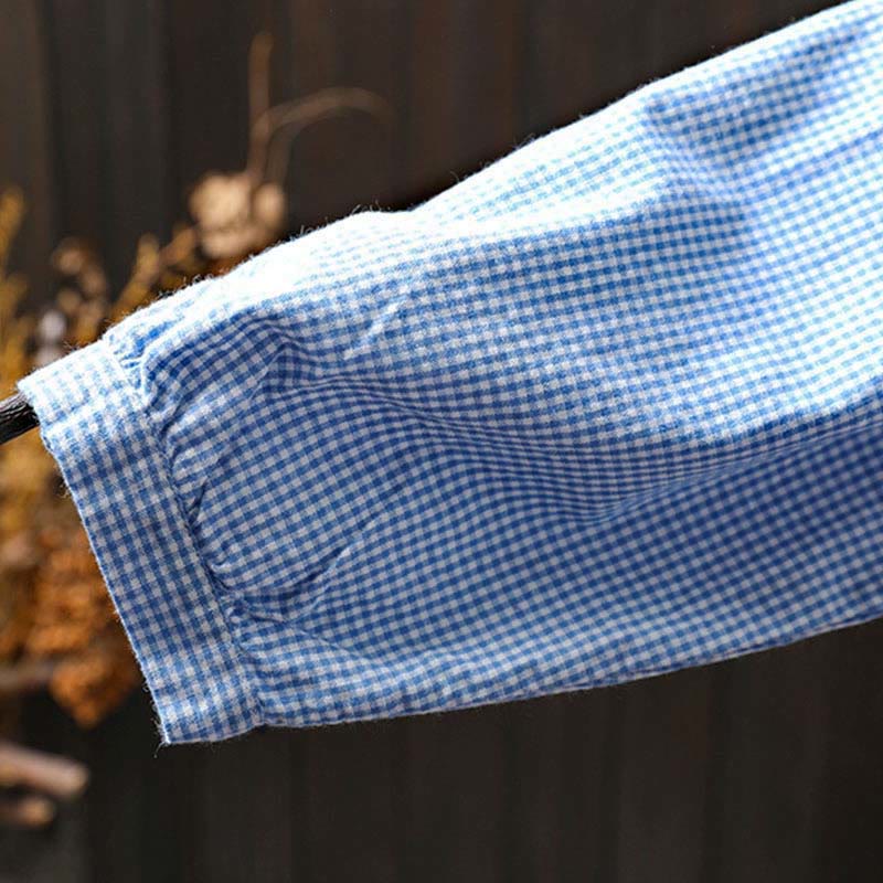 Buddha Stones Spring Small Plaid Buttons Down Long Sleeve Women's Cotton Shirt