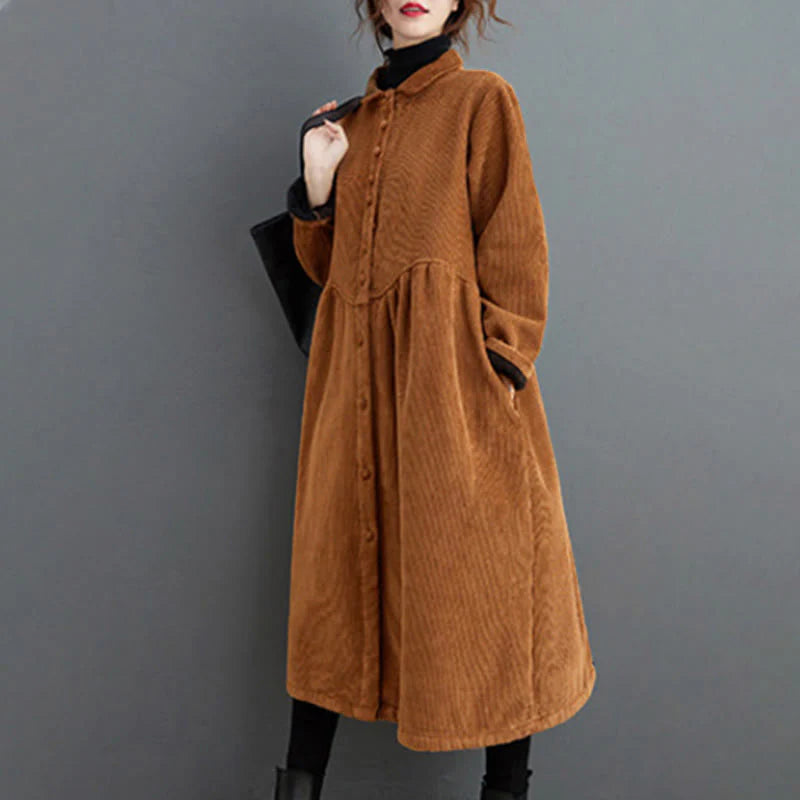 Buddha Stones Plain Buttons Long Sleeve Women's Cotton Corduroy Fleece-Lined Coat With Pockets