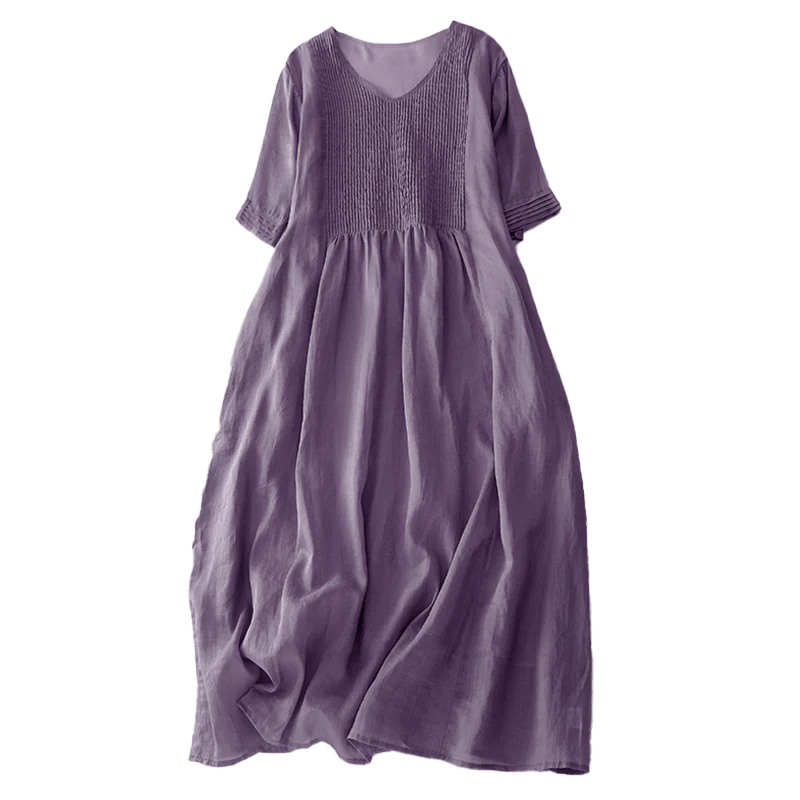 Buddha Stones Casual Accordion Pleat Plain V-neck Short Sleeve Cotton Midi Dress With Pockets