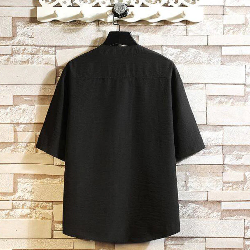 Buddha Stones Vintage Casual Solid Color Men's Short Sleeve Shirt Jacket